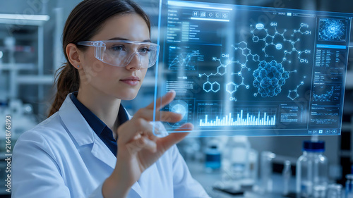 Female scientist using futuristic holographic interface in a modern laboratory research lab.