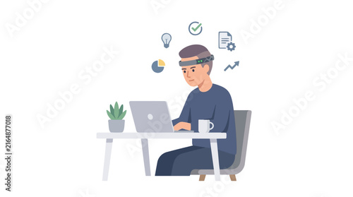 Man wearing a futuristic headset works on a laptop with business icons floating around his head symbolizing productivity and innovation