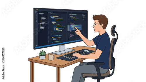 Programmer working on computer with code on screen, vector illustration