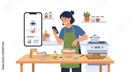 Woman using smartphone cooking app in kitchen with ingredients and recipe instructions on screen