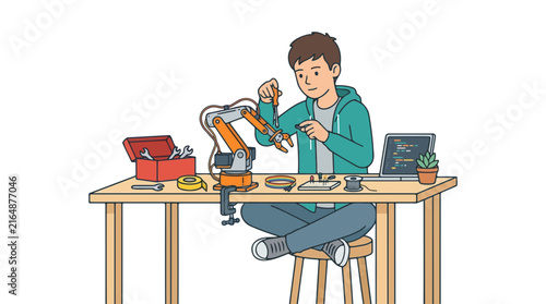 Young person assembling a robotic arm with tools and laptop on a desk, vector illustration