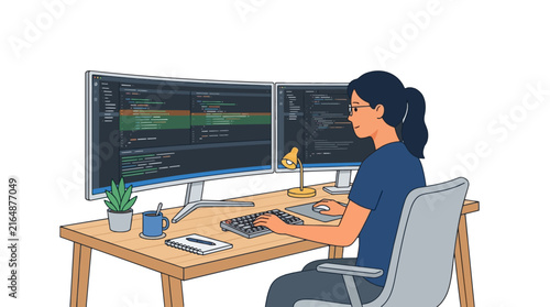 Woman programmer coding on dual monitors at a desk with a plant and coffee, vector illustration