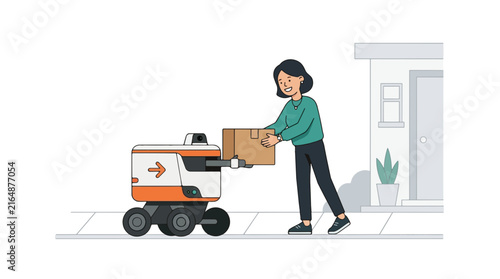 Woman receives package from autonomous delivery robot outside her home, modern logistics concept