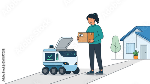 Woman receives package from autonomous delivery robot outside a suburban house modern logistics concept