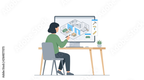 Woman using computer software to design and plan interior home layout and renovation with digital tools