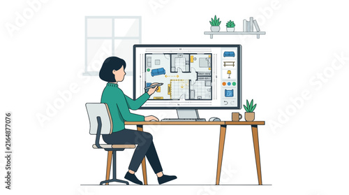 Woman using computer software to design a floor plan for a modern apartment interior layout