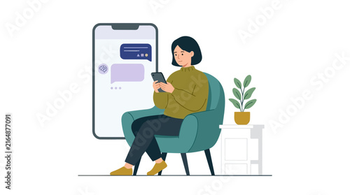 Woman sitting in armchair using smartphone with chat application and AI bot icon on screen