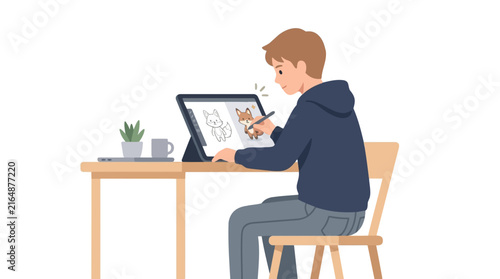 Young artist drawing cute cartoon fox character on digital tablet at desk with laptop and coffee mug