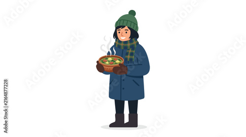 Person in winter clothing holding a steaming bowl of soup, vector illustration