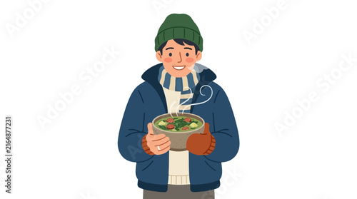 Young man in winter clothes holding a steaming bowl of soup, enjoying a warm meal during cold weather