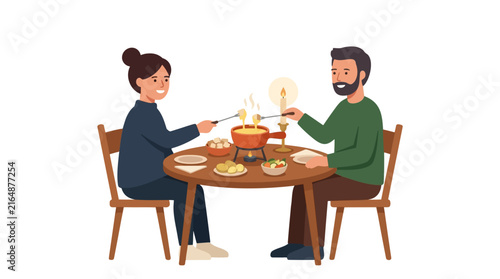 Couple enjoying a romantic cheese fondue dinner by candlelight with bread cubes and potatoes