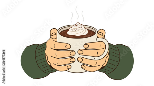 Hands holding a warm mug of hot chocolate topped with whipped cream and steam rising