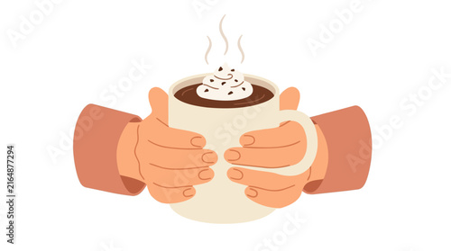 Cozy vector illustration of hands holding a warm mug of hot chocolate topped with whipped cream and chocolate shavings, steam rising