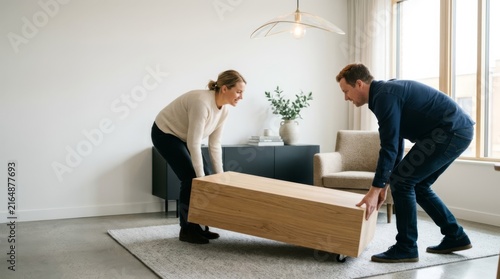 Couple moving a light wood coffee table in a bright, modern living room, symbolizing home rearrangement and interior design.