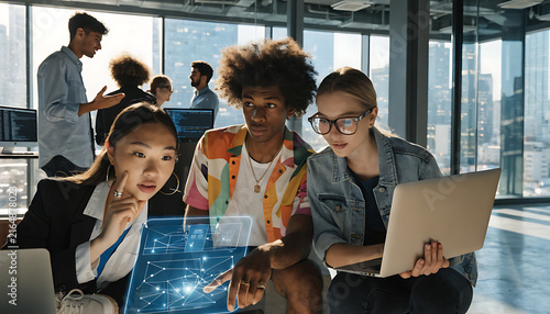 Diverse young professionals collaborating on laptop in modern bright office space with teamwork focus