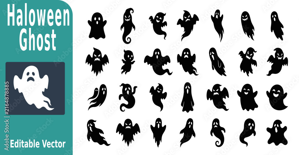 Obraz premium Halloween themed ghost illustration pack featuring diverse floating specters in black silhouette style, perfect for spooky seasonal designs, event invitations, and digital marketing assets