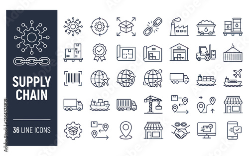 Supply chain line icon set depicting industrial logistics warehouse transport and distribution parts.