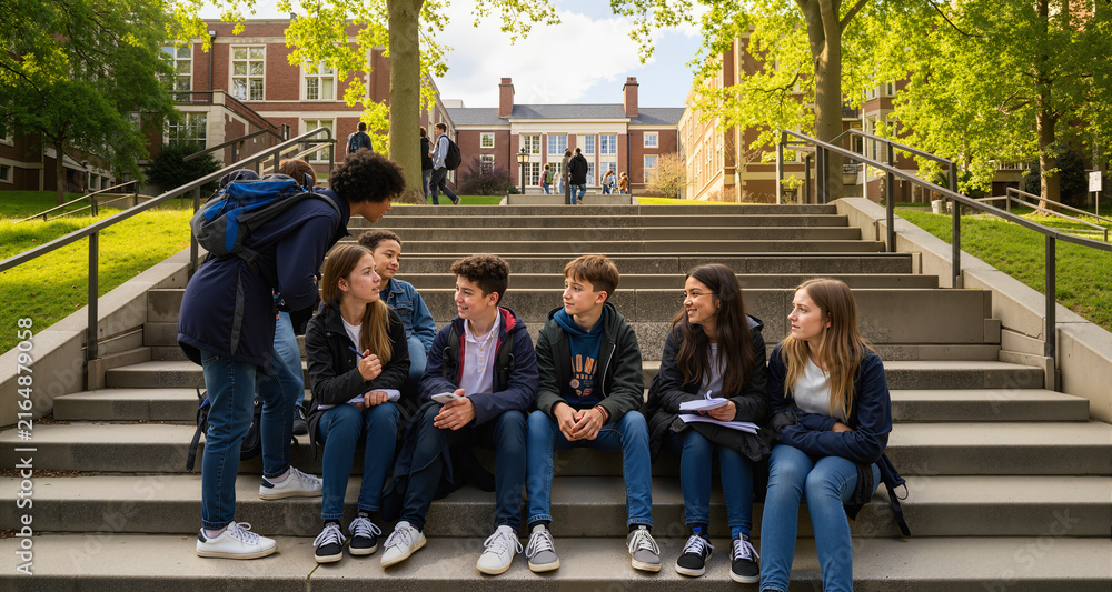 Fototapeta premium young students talking on the stairs of the university campus 