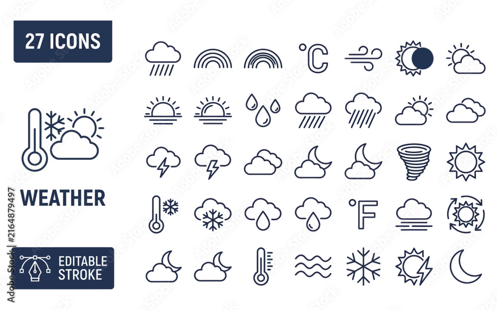 Fototapeta premium Weather forecast line icon set featuring climate elements and temperature gauges in clean linear style.