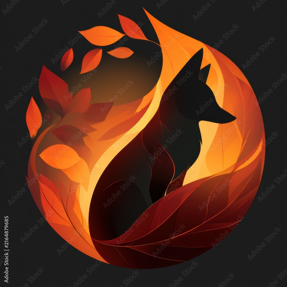 Naklejka premium A fox silhouette sits against a backdrop of glowing leaves in russet colors during dusk in a forest setting.