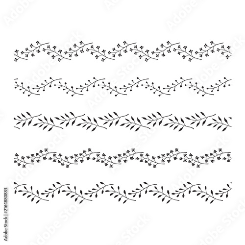 Floral Seamless Border Brushes Set Hand Drawn Leaf Line Art Vector Illustration