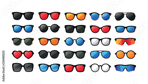 Collection of diverse sunglasses with colorful lenses and black frames