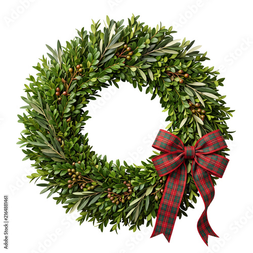 christmas wreath with plaid ribbon