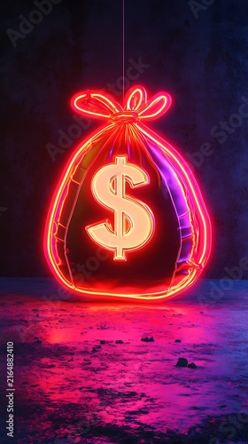 Neon glow, dollar sign, abstract financial symbol, red and purple light effect