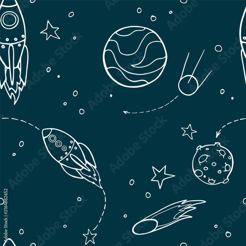 Cute Doodle Space Galaxy Seamless Pattern Background for Kids Nursery Fabric Wallpaper