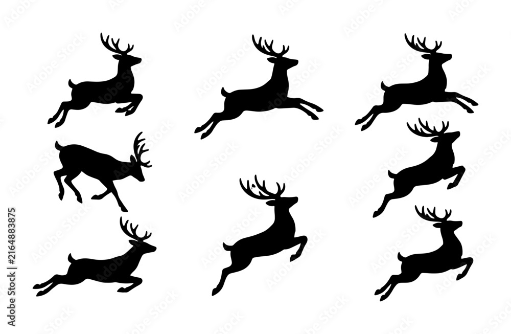Fototapeta premium Set of 8 Black Silhouette Reindeer, Festive Christmas Animals in Dynamic Poses, Winter Wildlife Vector Icons for Holiday Design