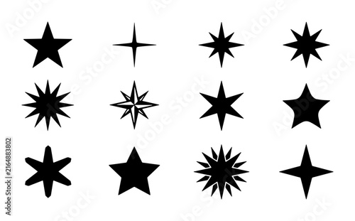 Collection of 12 Diverse Star Icons, Vector Graphics for Celebration, Sparkle, and Award Design Elements