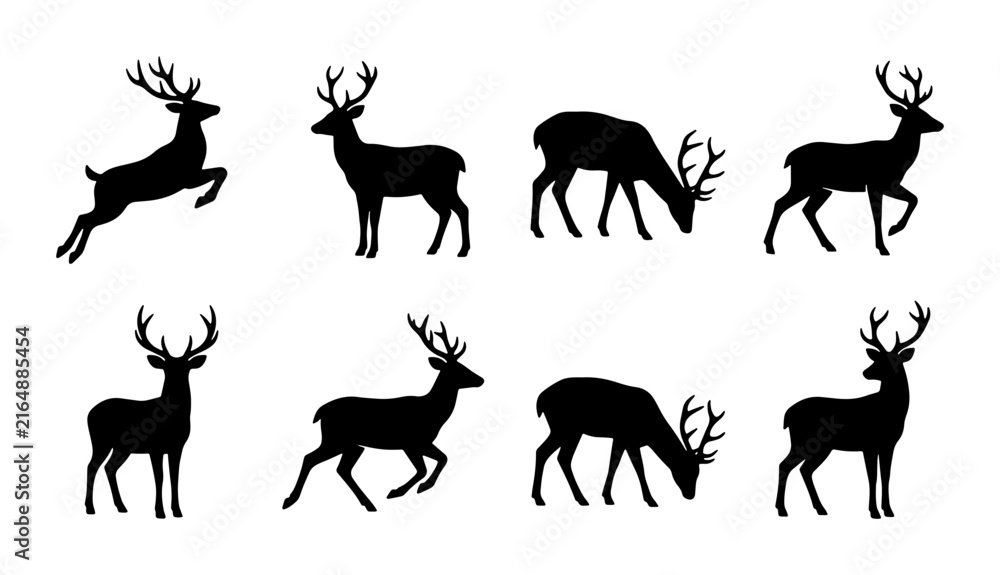 Fototapeta premium Deer Silhouette Collection, Majestic Stag Vector Icons, Wildlife Animal Graphics, Forest Creature Illustrations, Hunting Season Symbols