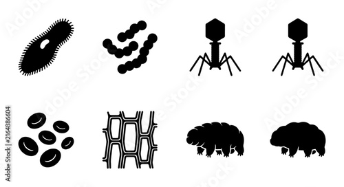 Bild auf Leinwand Microscopic Organisms Vector Icons: Bacteria, Viruses, Cells, Tardigrades, and P