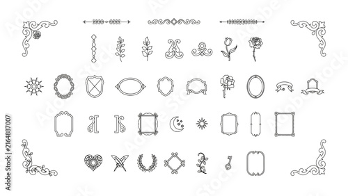 Set of vintage decorative elements, floral ornaments, frames, and dividers for wedding invitation design