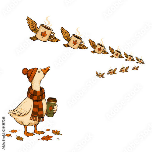 Cartoon goose holding coffee cup with flying mugs and leaves  
