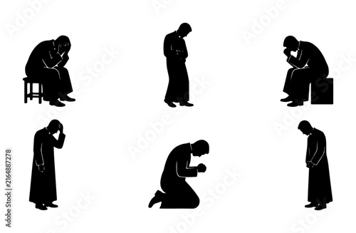 Foto Set of 6 Black Silhouette Figures in Pensive, Sad, and Prayerful Poses, Vector I