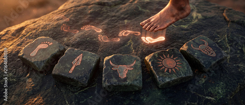 Ancestral journey and cultural path concept, person walking on symbolic stones, heritage exploration, ancient footprints, historical guidance, spiritual connection to roots