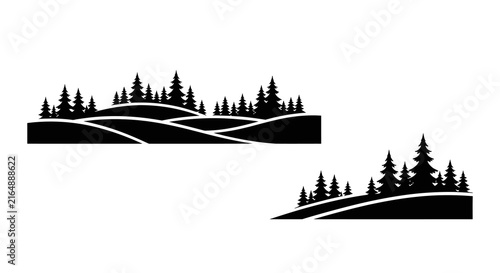 Forest silhouette with rolling hills against a white background