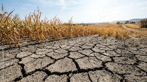 Extreme drought cracking the ground in a cornfield