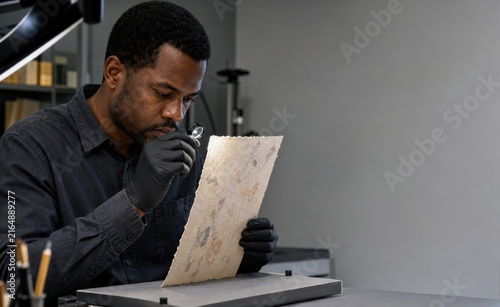 Forensic Laboratory Evidence Processing Document Examiner Studying Fiber Distribution in Handmade Paper