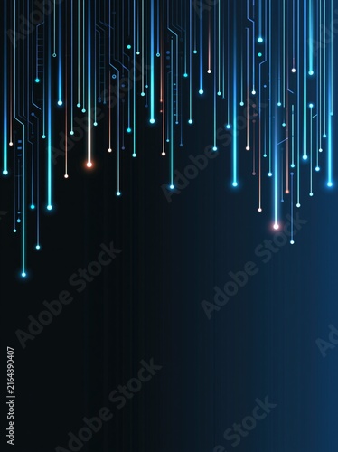 Glowing data lines on a dark background form a futuristic network pattern with blue and pink light trails for technology and software concepts.