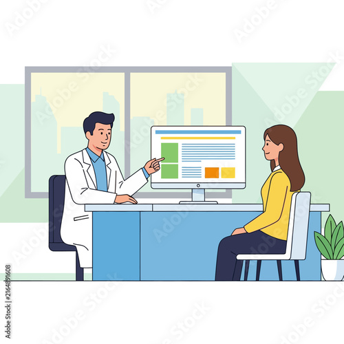 Doctor And Patient Discussing Medical Results On Computer Screen