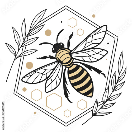 Honey bee inside a hexagonal frame with leafy branches and gold accents on a white background insect