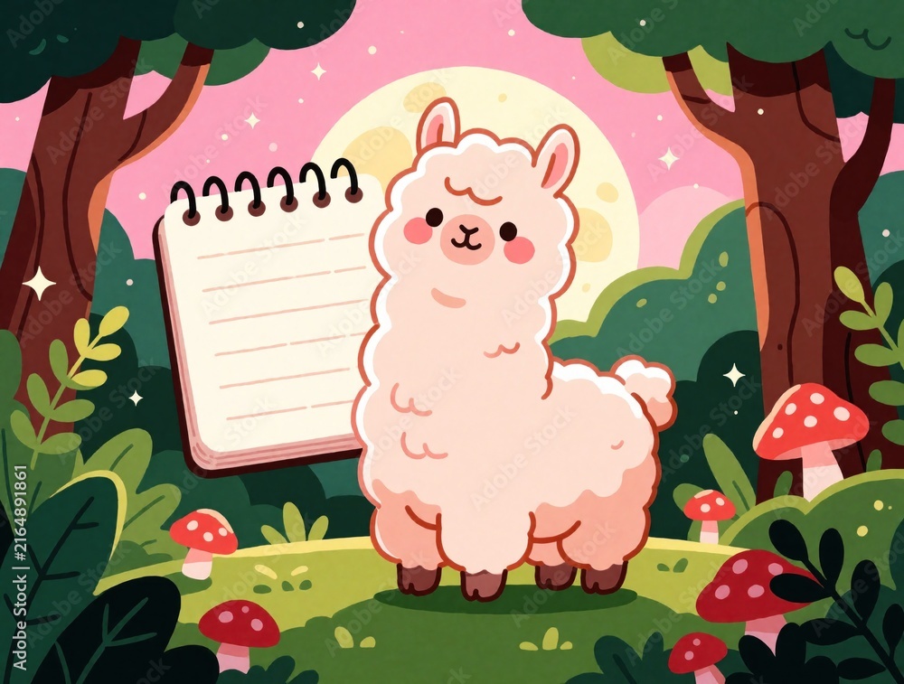 Fototapeta premium Cute pink llama stands near large blank notepad in magical night forest. Adorable cartoon animal sits among mushrooms, grass, trees under glowing moon. Sweet whimsical illustration for kids