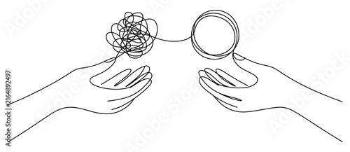 Two hands holding a single black continuous line that transforms from a tangled messy scribble into a neat circular shape on a plain white background