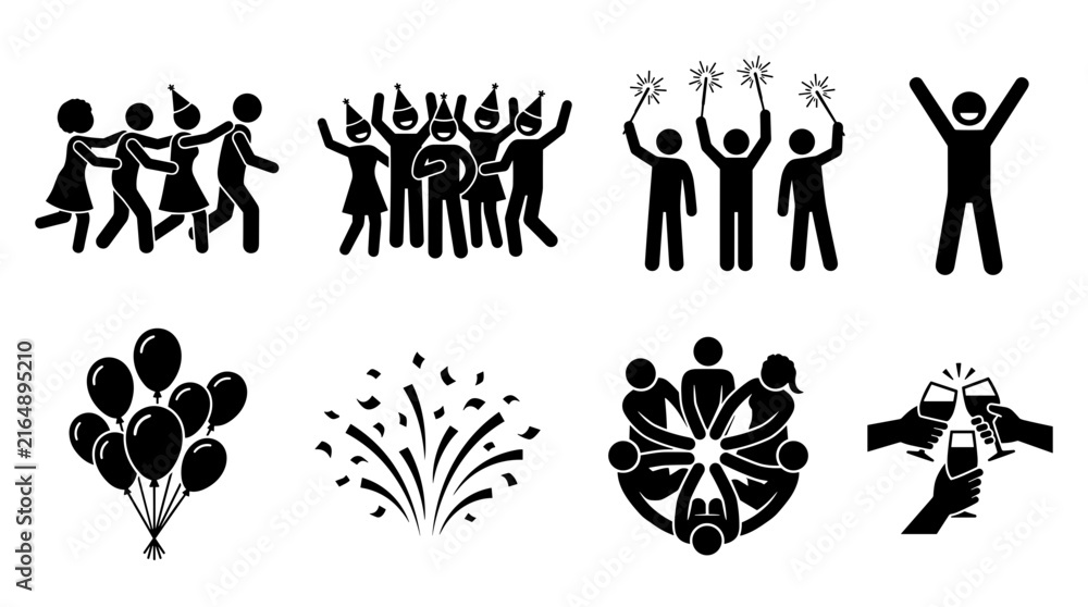 Obraz premium Celebration Icons Set Stick Figures Balloons Fireworks and Toasting