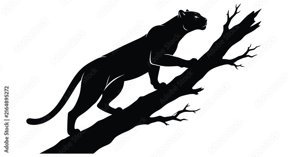 Fototapeta premium A black panther climbs a tree branch depicted as a striking silhouette