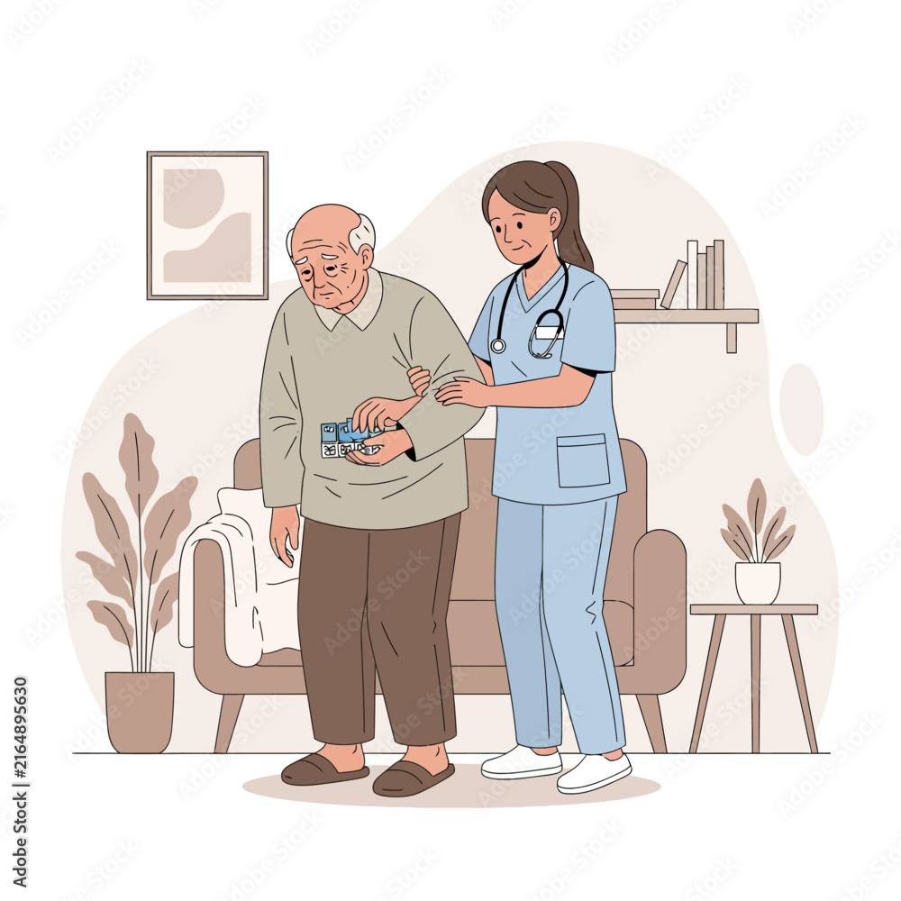 Obraz premium Caring Nurse Assisting Elderly Man With Medication And Support