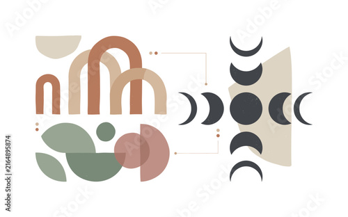 Boho abstract shapes and moon phases in muted earthy tones
