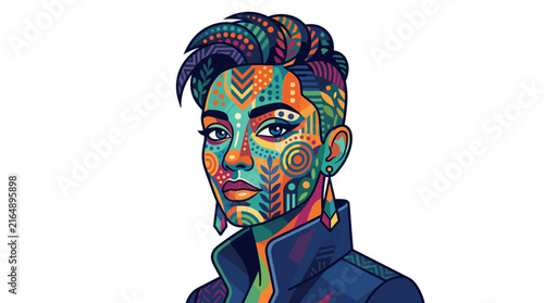 Vibrant abstract face art with intricate geometric patterns and bold colors